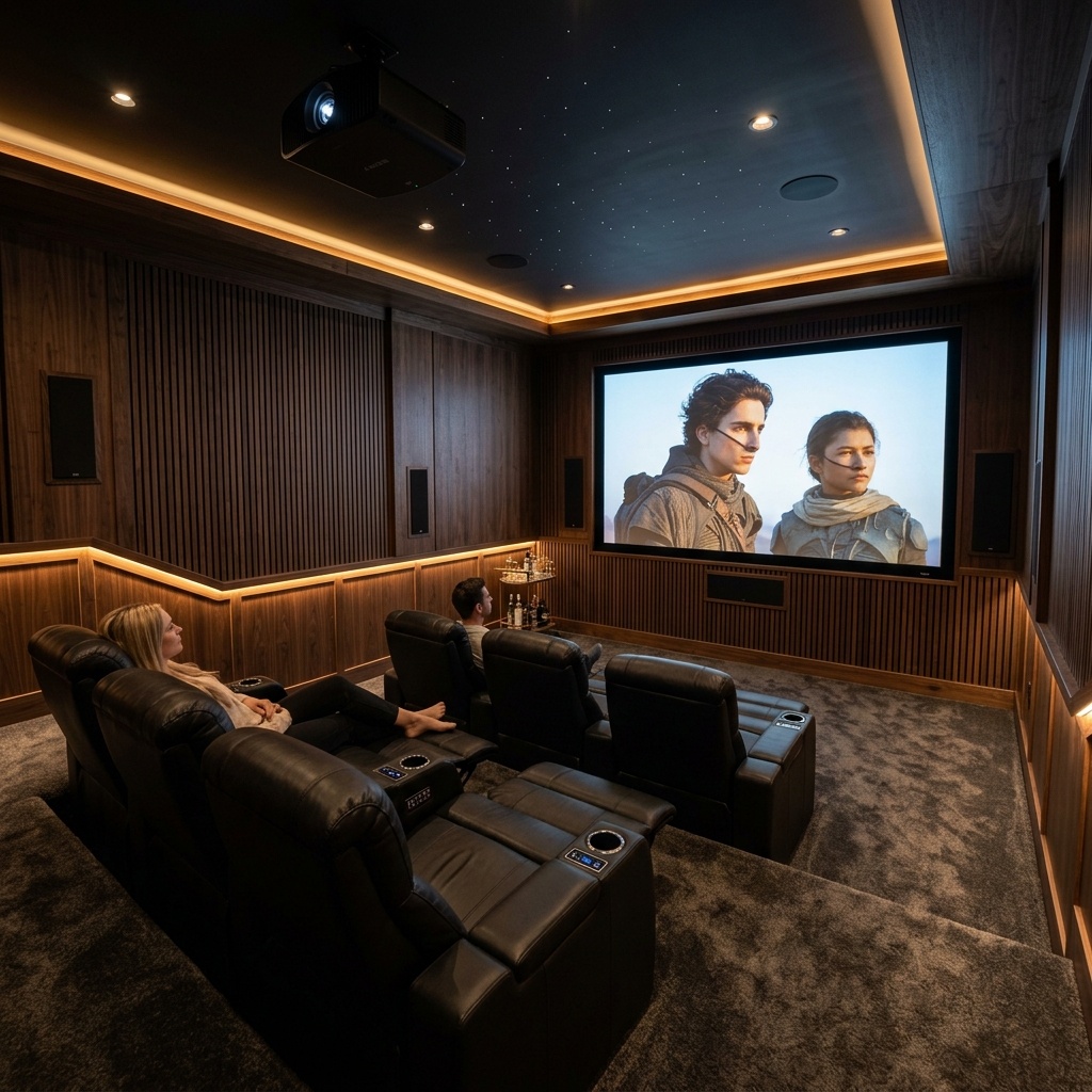 Finished basement conversion in London creating a warm usable living space with lighting and clean finishes
