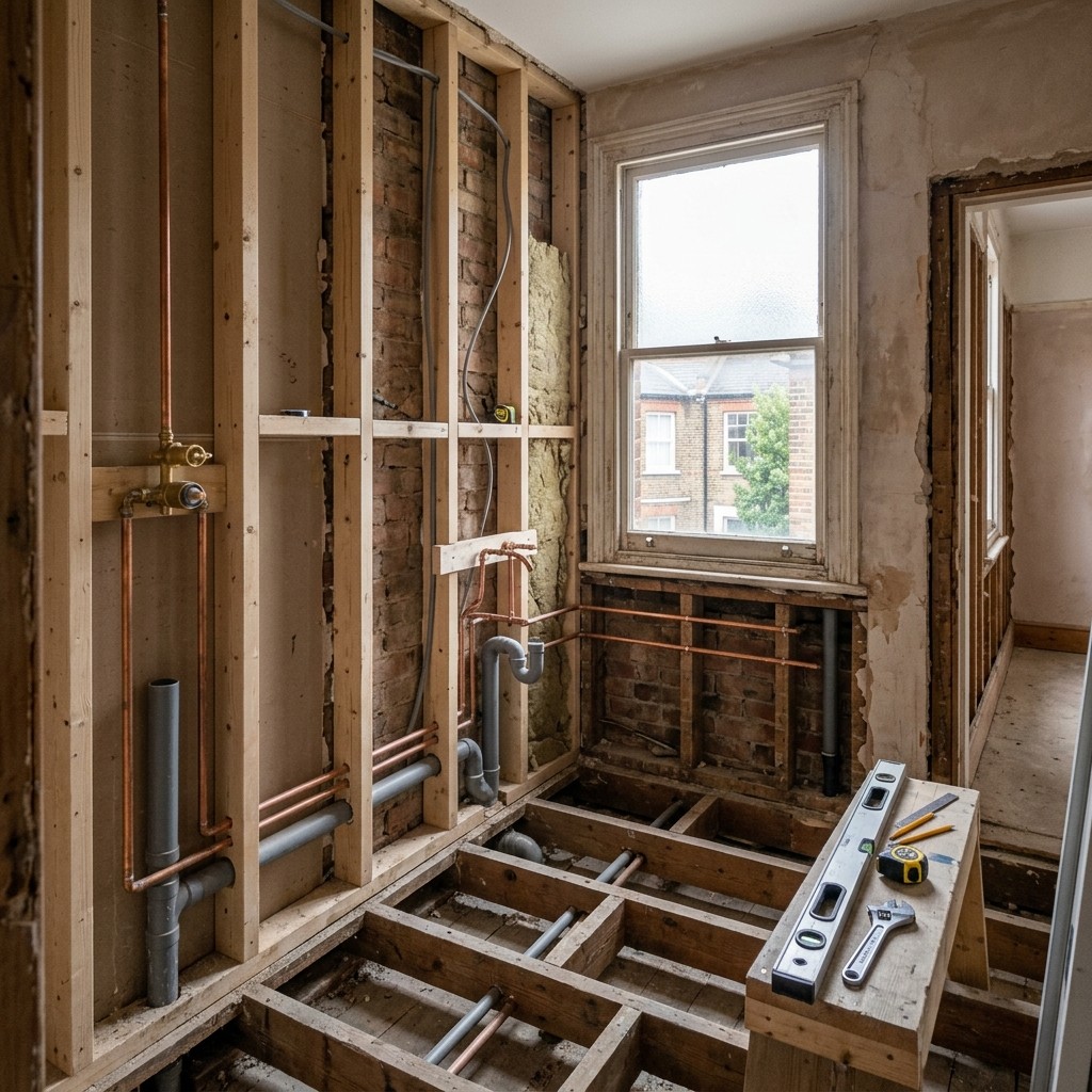 Bathroom refurbishment in progress in London with strip out, plumbing adjustments, and preparation for waterproofing and tiling