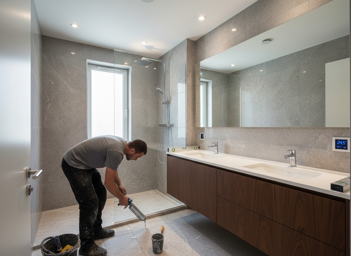 Bathroom remodelling in a London apartment as part of a full renovation project with tiling, fitting, and finishing work