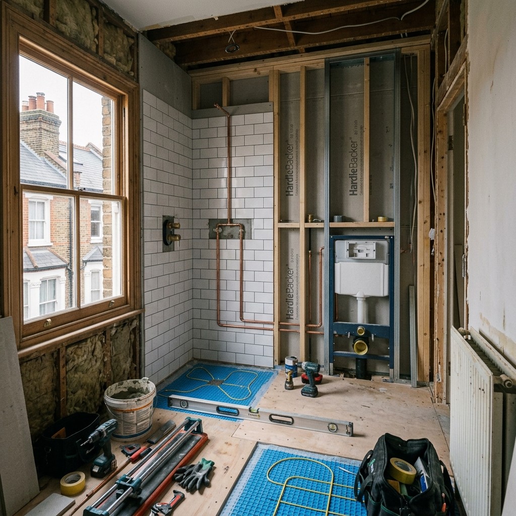 Bathroom renovation in progress in London with waterproofing, plumbing, and tiling preparation