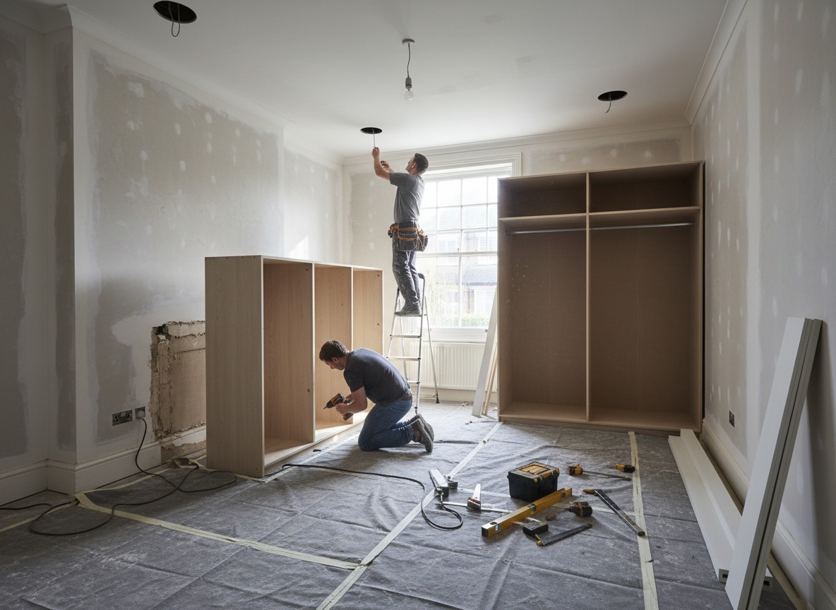 Bedroom makeover in London with fitted wardrobes, improved lighting, plastering, and a clean refurbished finish