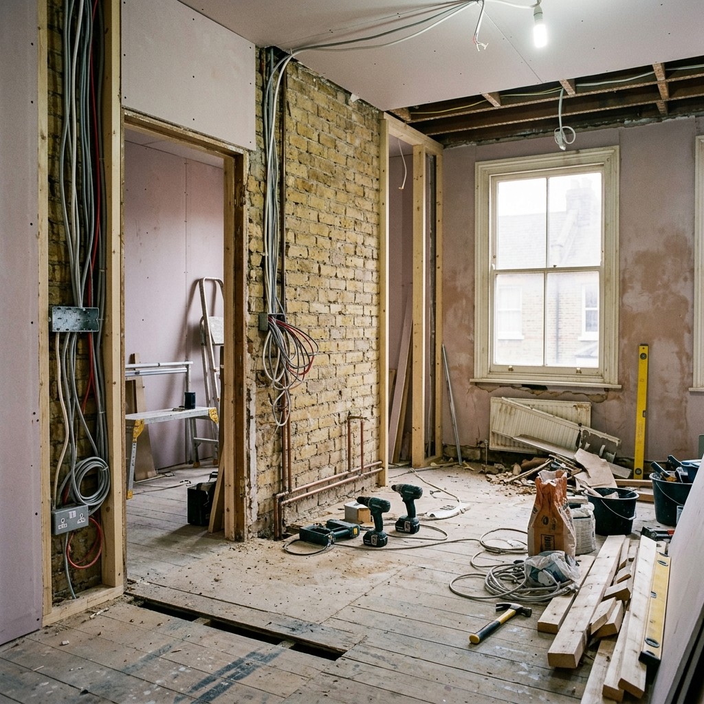 Ongoing work during a flat renovation and apartment refurbishment project in London