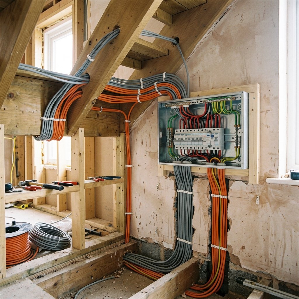 Electrical cables chased into walls during a house rewiring in London