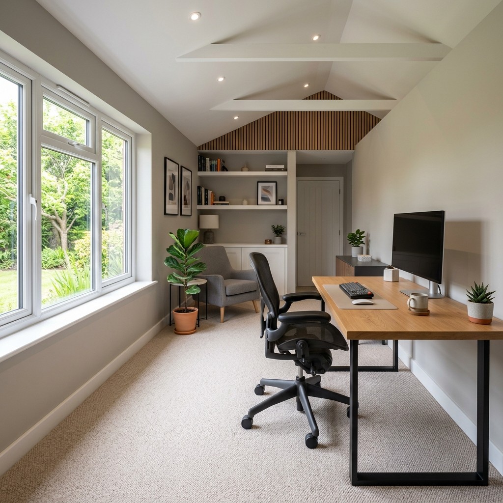 Finished garage conversion in London creating a bright home office with heating, lighting, and clean decoration