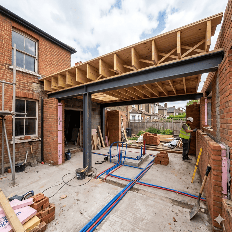 House extension interior under construction in London