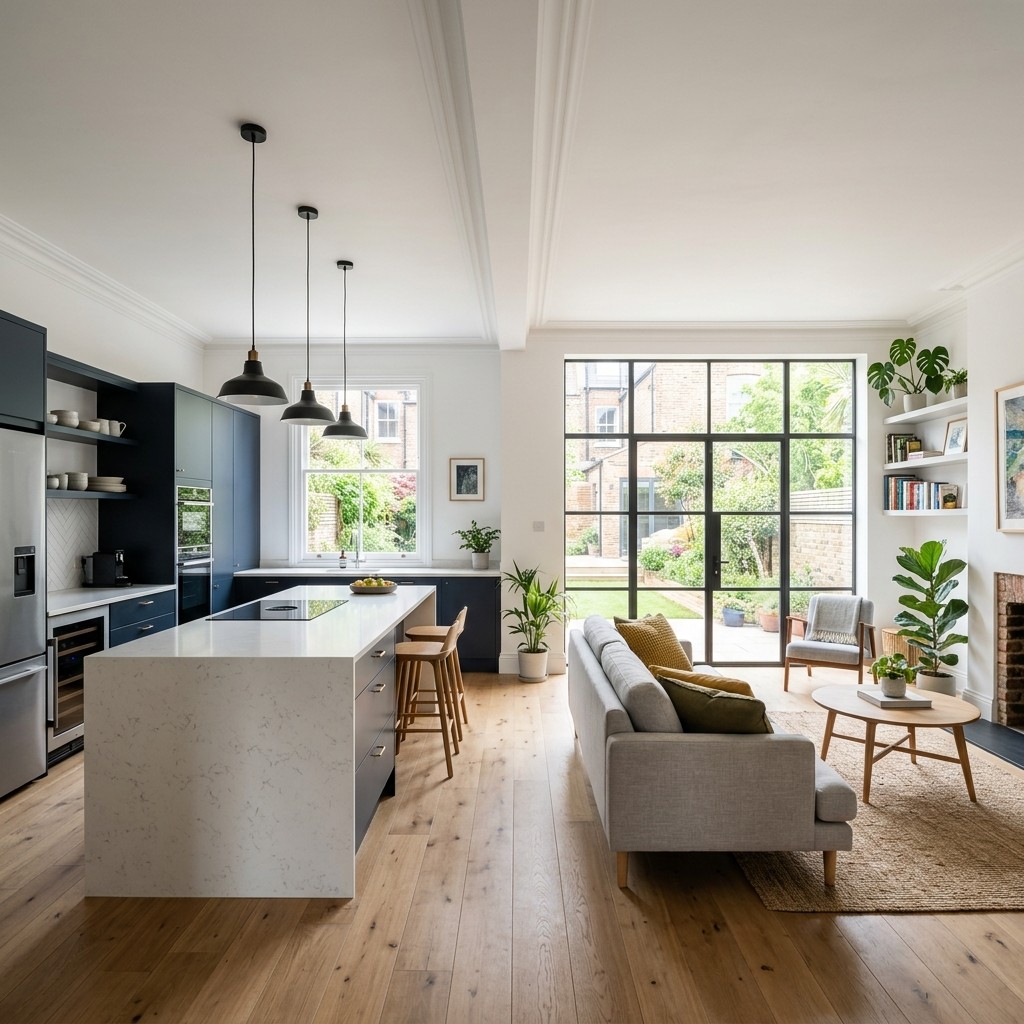 Finished knock-through wall opening kitchen and living space in London