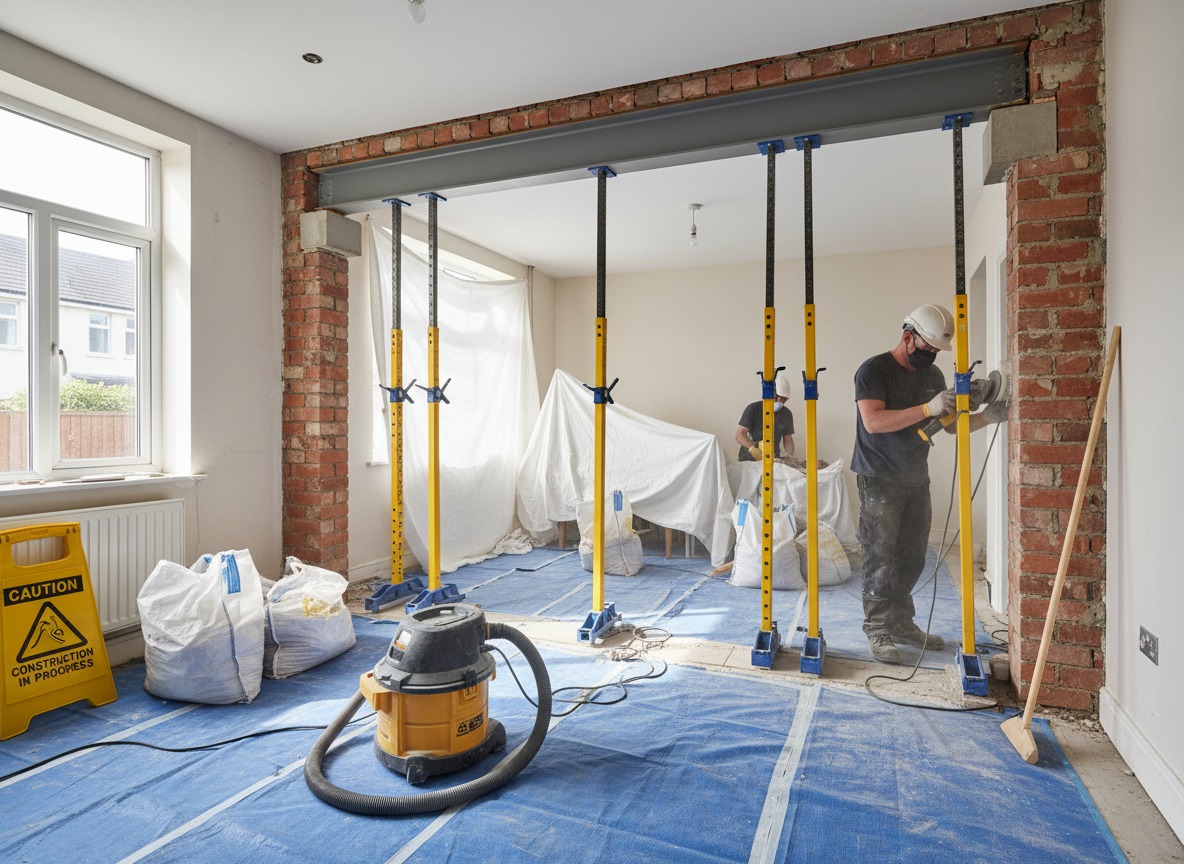 Knock through wall in London with open plan wall removal, steel beam installation, and safe structural alteration work