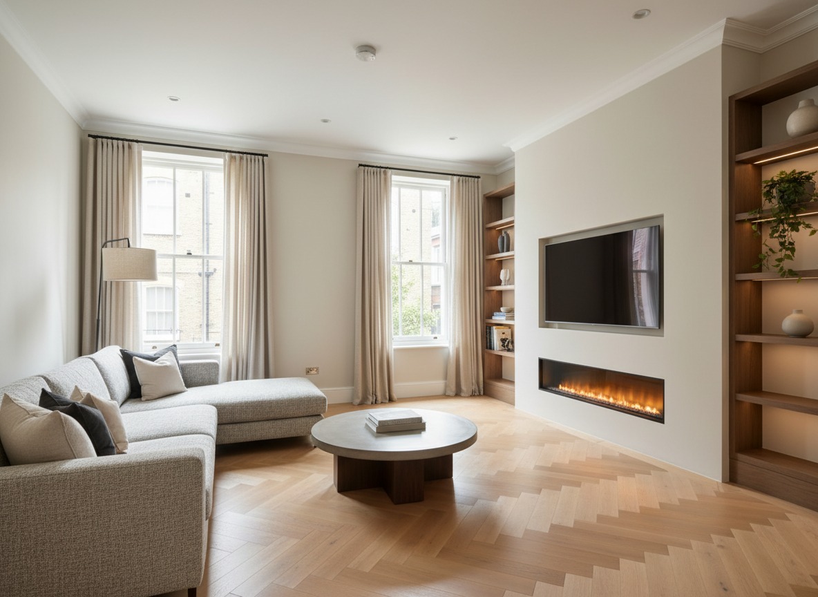 Living room remodelling and upgrade in London with improved layout, new lighting, refreshed walls, upgraded flooring, and a modern finished look