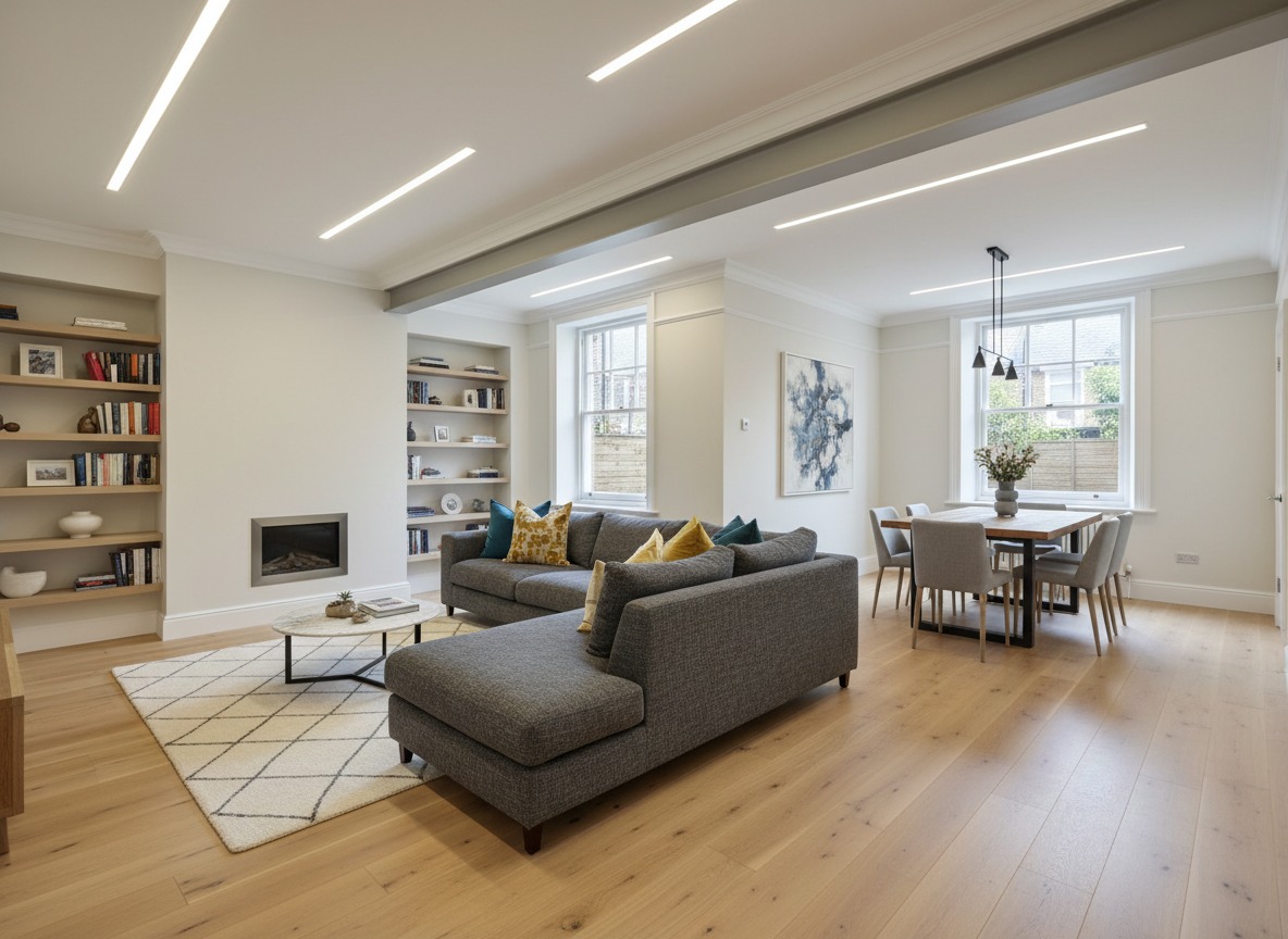 Living room renovation in London with a full refurbishment including plastering, flooring, lighting upgrades, media wall options, and professional decoration