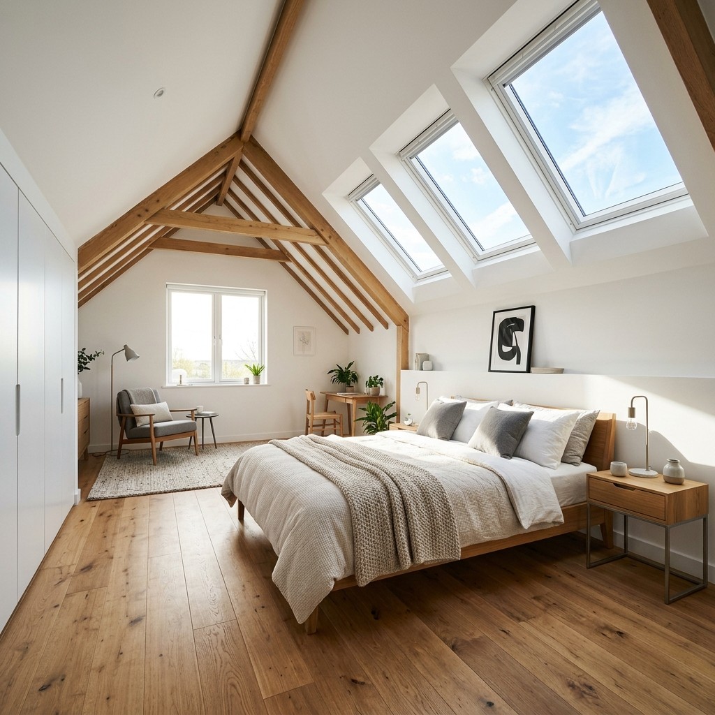 Finished loft conversion in London creating a bright new bedroom with clean plastering, windows, and fitted storage