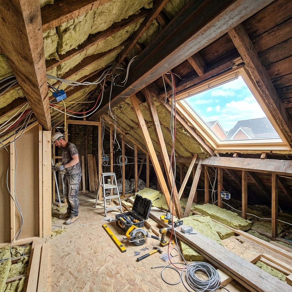 Loft conversion in progress in London with structural framing, insulation, and staircase preparation