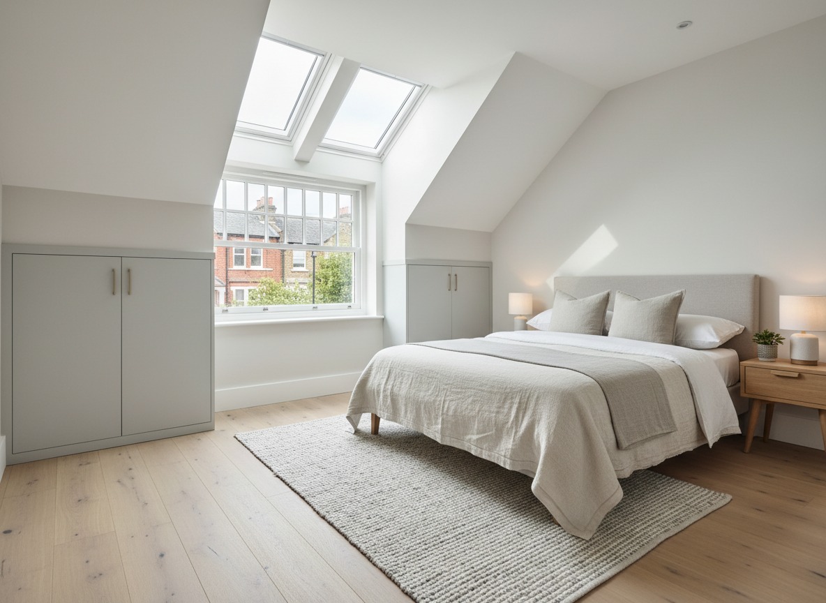 Loft conversion in London creating a new bedroom or office with roof windows, insulation upgrades, staircase access, and built in storage