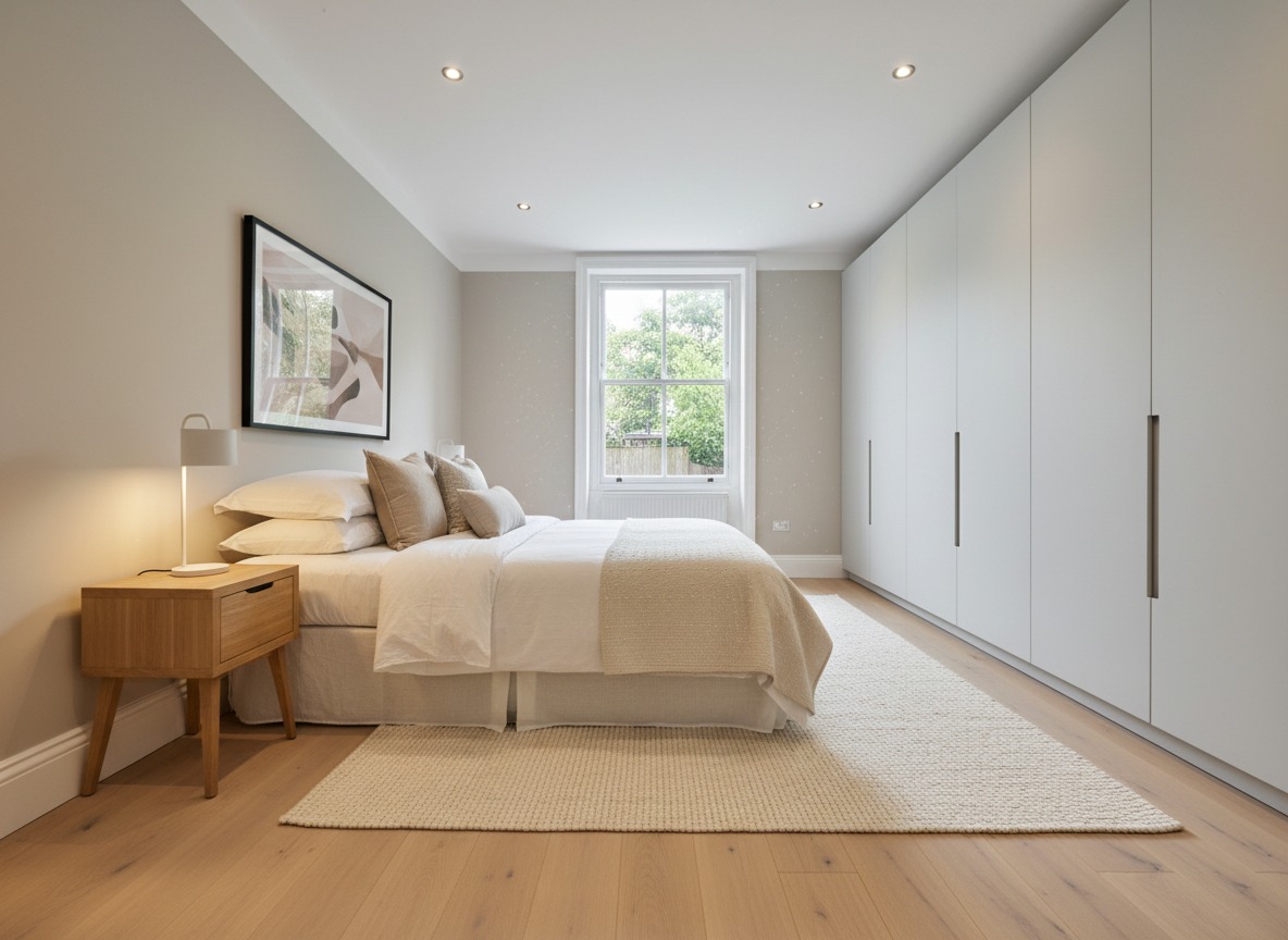 Master bedroom renovation in London focused on better storage, new flooring, upgraded electrics, and professional decorating