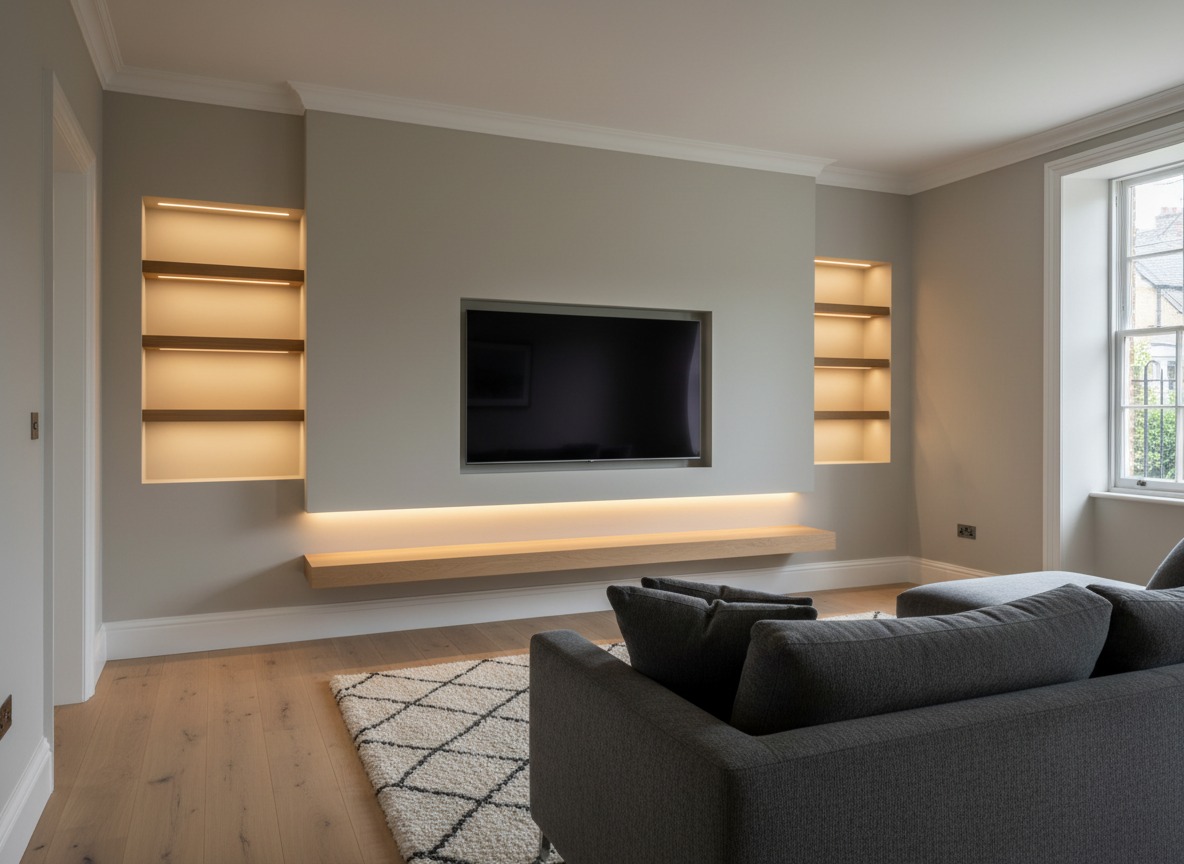 Finished living room renovation in London with modern lighting, upgraded flooring, and a clean decorated finish