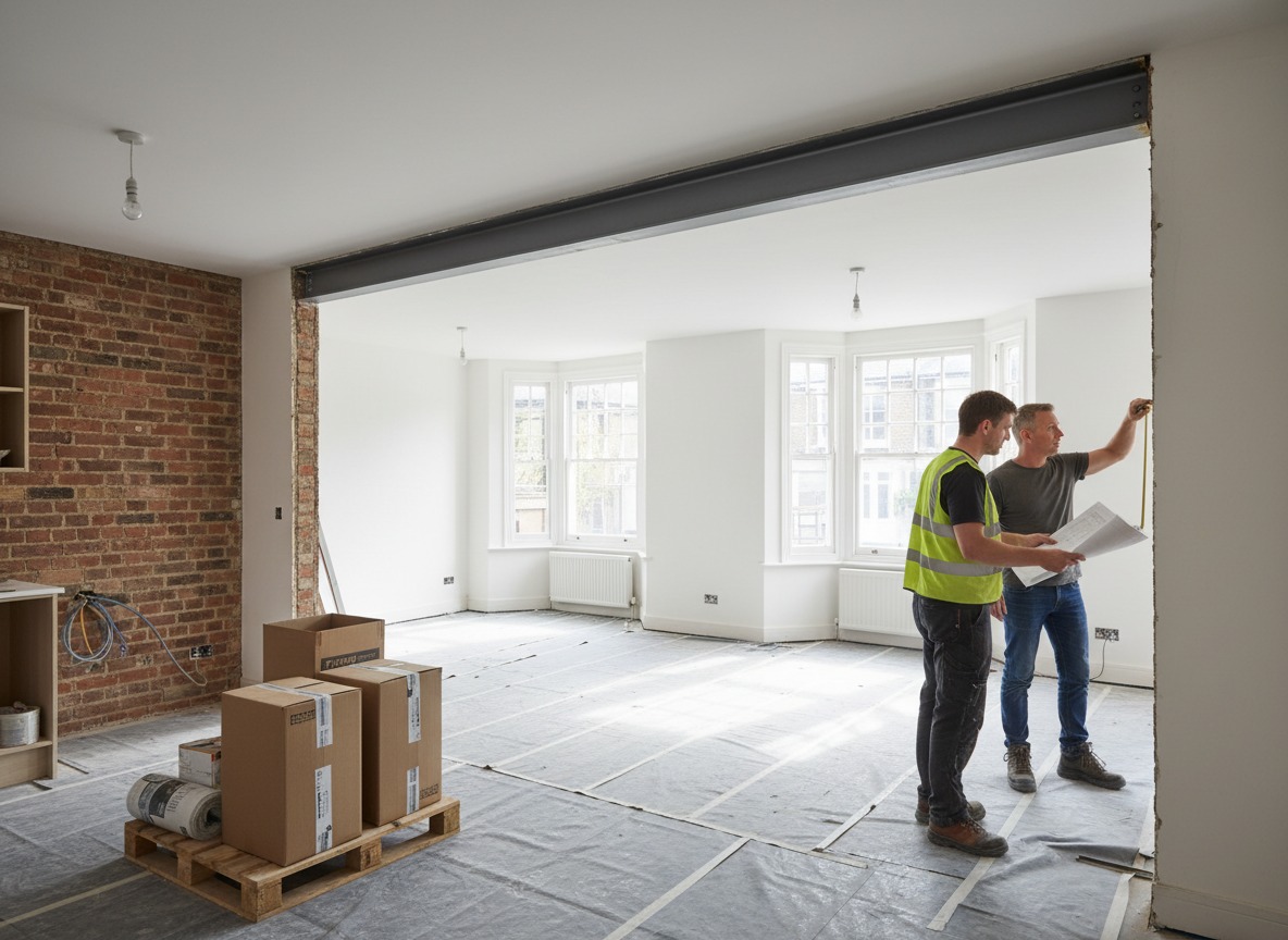 Open plan renovation in London with safe wall removal, steel beam installation, and layout changes to create a brighter kitchen living space