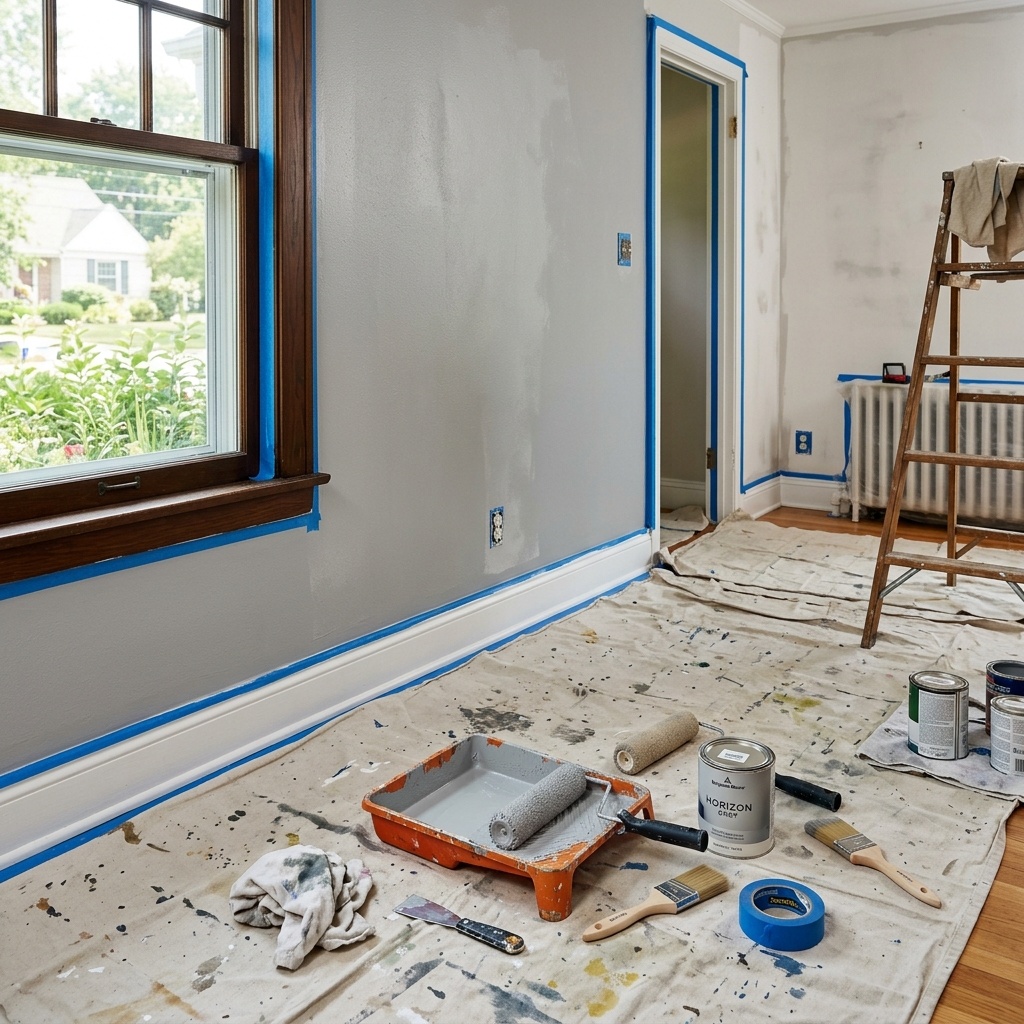 Walls and ceilings being prepped and primed by decorators in London