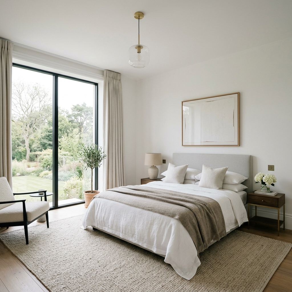 Completed luxury bedroom showing perfectly skimmed and painted white walls in London