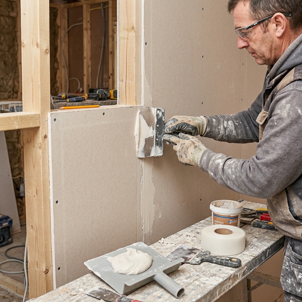 Plasterboards and joint taping being installed during a wall renovation in London