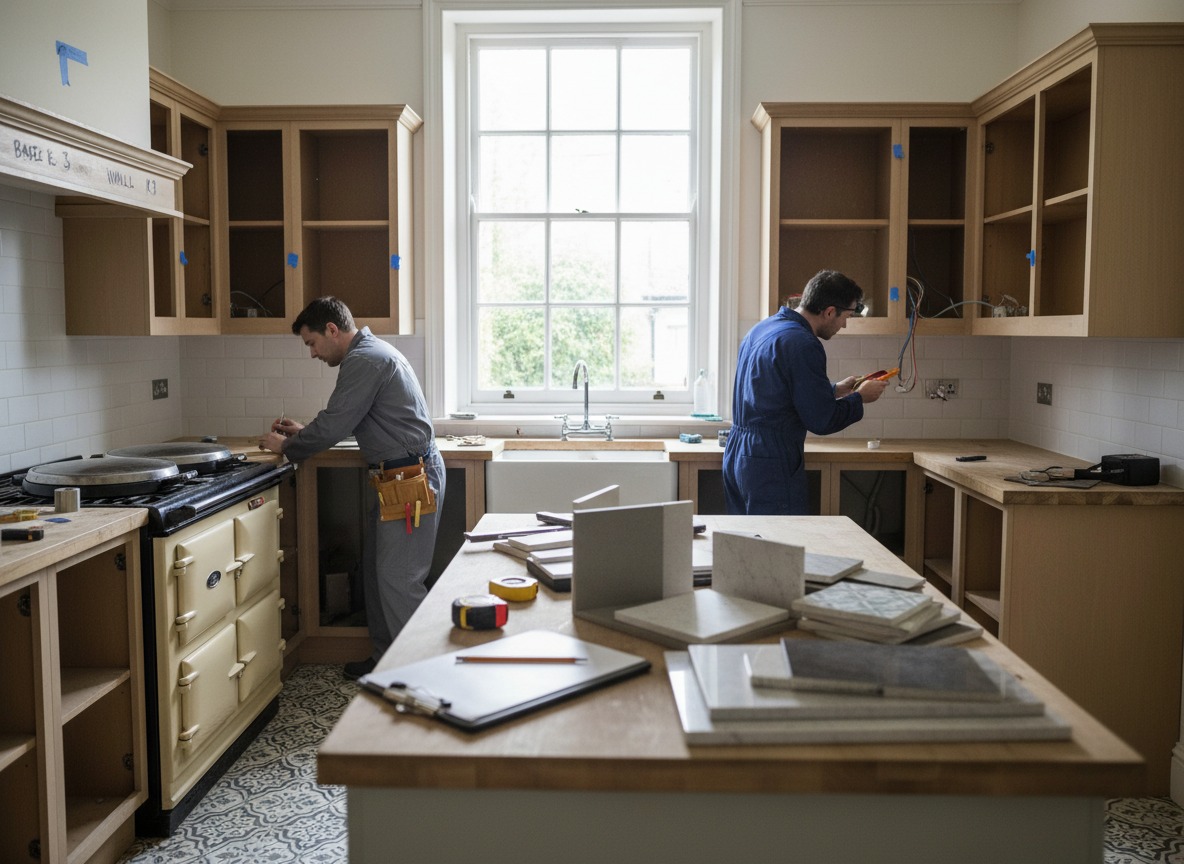 Removal and replacement of kitchen units in London as part of a kitchen makeover with careful strip out and new cabinet fitting