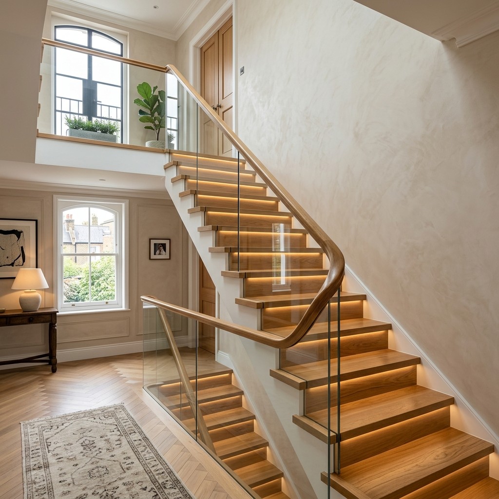 Finished staircase refurbishment in London with upgraded handrails, balustrades, and a clean modern finish