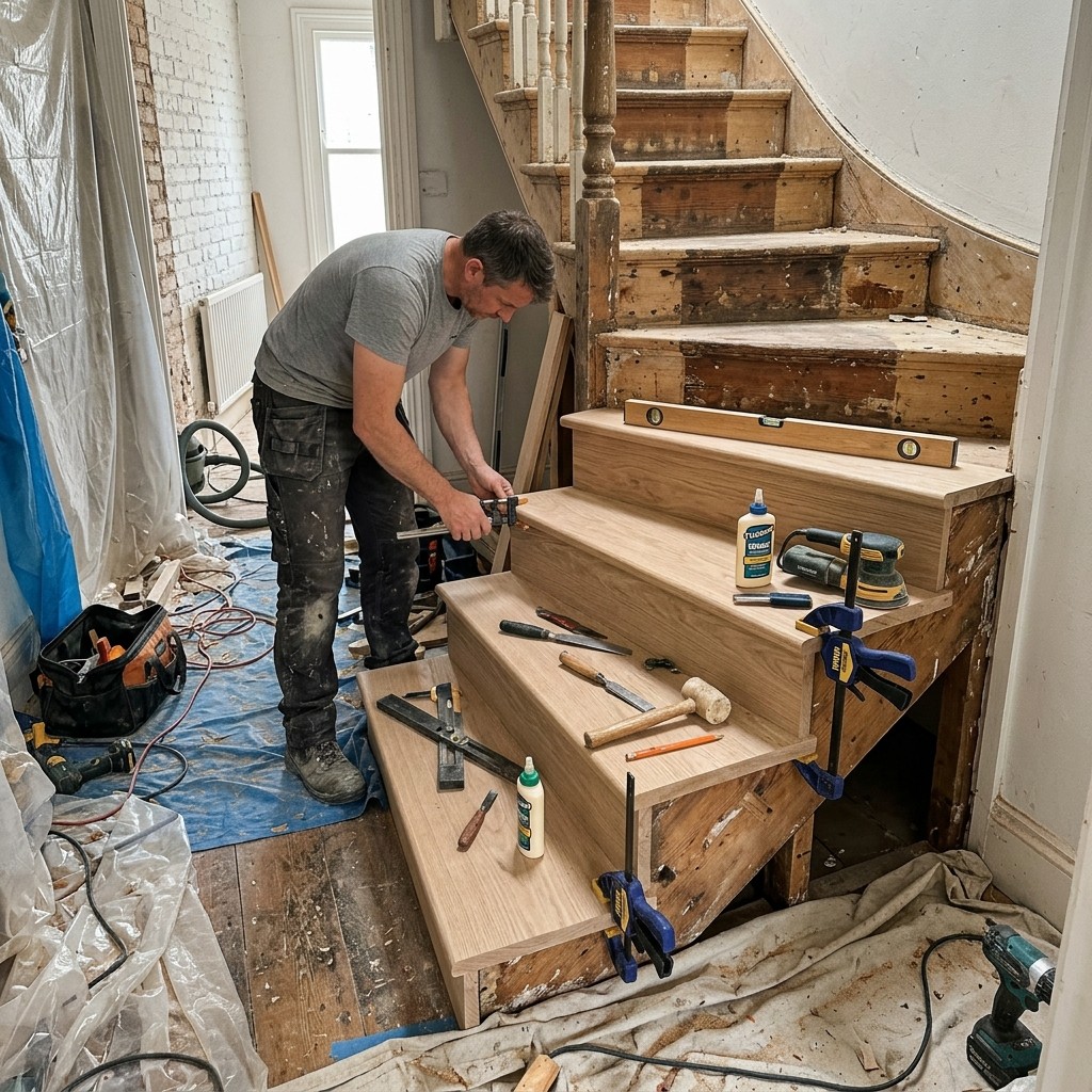 Staircase renovation in progress in a London home with joinery upgrades and protective coverings