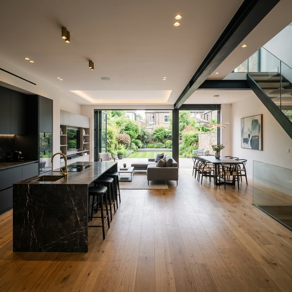 Finished home showing successful wall removal and spacious open plan living space in London