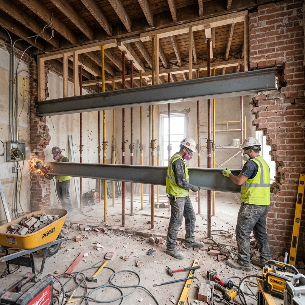 Structural shoring and steel beam installation under construction in London